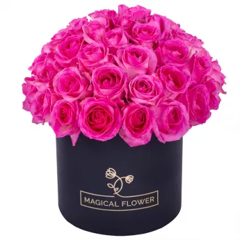 Букет из 51 малиновой розы premium в черной шляпной коробке