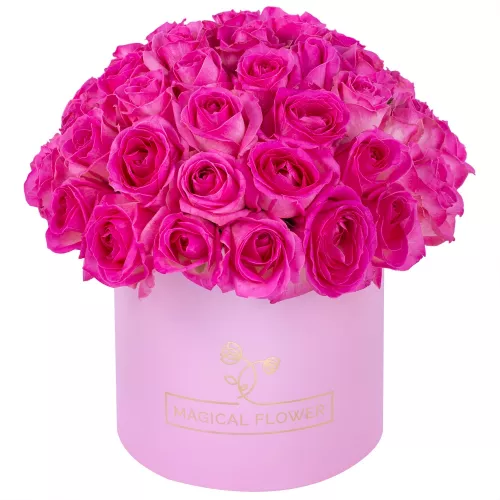 Букет из 51 малиновой розы premium в розовой шляпной коробке