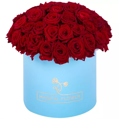 Букет из 51 красной розы premium в голубой шляпной коробке