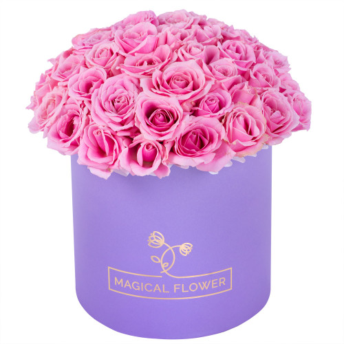 Букет из 51 розовой розы premium в фиолетовой шляпной коробке