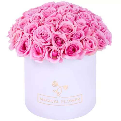 Букет из 51 розовой розы premium в белой шляпной коробке