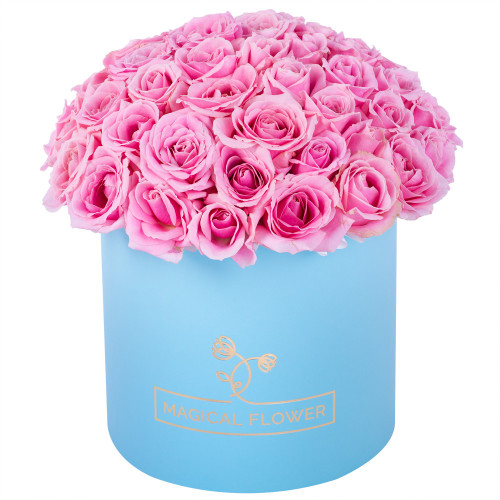 Букет из 51 розовой розы premium в голубой шляпной коробке