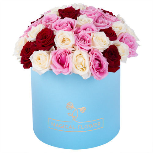 Букет из 51 разноцветной розы premium в голубой шляпной коробке