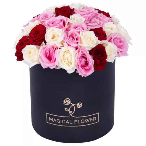 Букет из 51 разноцветной розы premium в черной шляпной коробке
