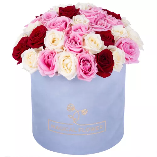 Букет из 51 разноцветной розы premium в серой бархатной шляпной коробке