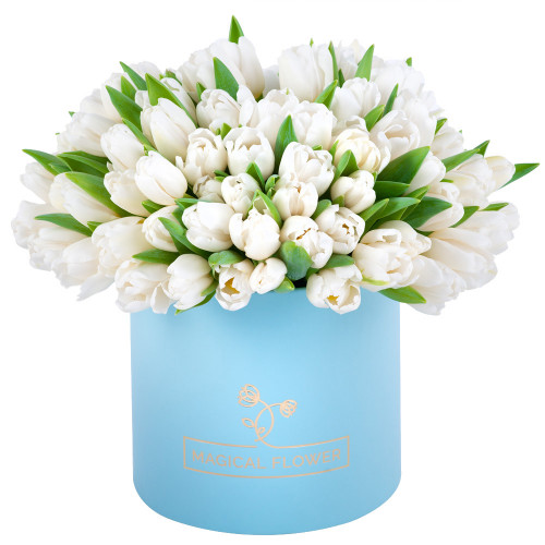 101 белый тюльпан в голубой шляпной коробке