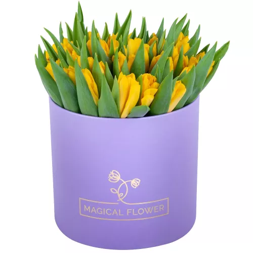 Букет бабушке 51 желтый тюльпан в фиолетовой шляпной коробке