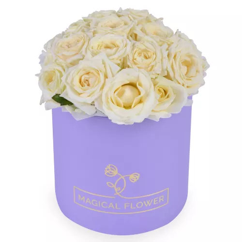 Букет из 15 белых роз в сиреневой шляпной коробке 