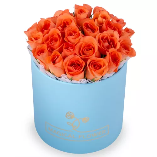 25 оранжевых роз в голубой шляпной коробке