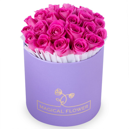 25 розовых роз в фиолетовой шляпной коробке