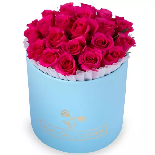Нежный букет 25 малиновых роз в голубой шляпной коробке