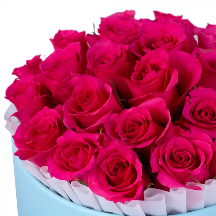 25 малиновых роз в голубой шляпной коробке