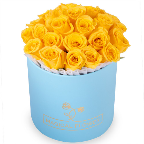 25 желтых роз в голубой шляпной коробке