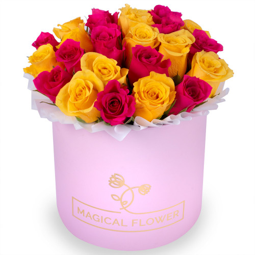 25 разноцветных роз в розовой шляпной коробке