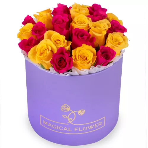 25 разноцветных роз в фиолетовой шляпной коробке