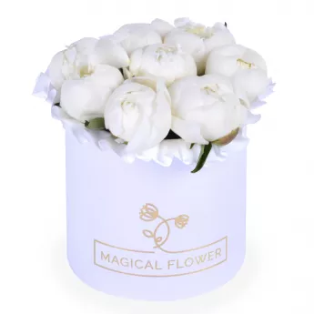 Букет из 9 белых пионов в белой шляпной коробке 