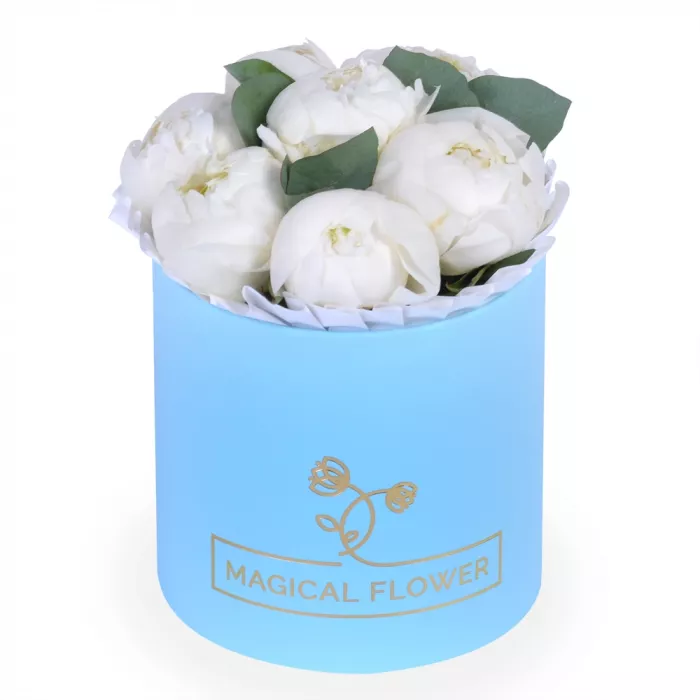 Букет из 7 белых пионов с эвкалиптом в голубой шляпной коробке