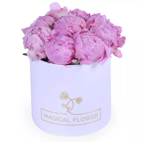 Букет из 9 розовых пионов в белой шляпной коробке