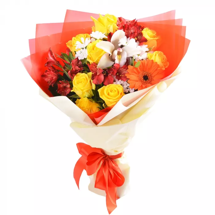 Букет с желтыми розами и герберой