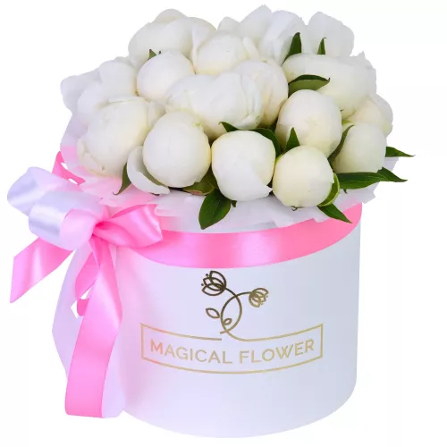 Букет цветов из 19 белых пионов в белой шляпной коробке