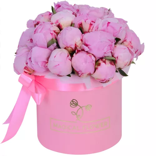 Букет цветов из 25 розовых пионов в розовой шляпной коробке
