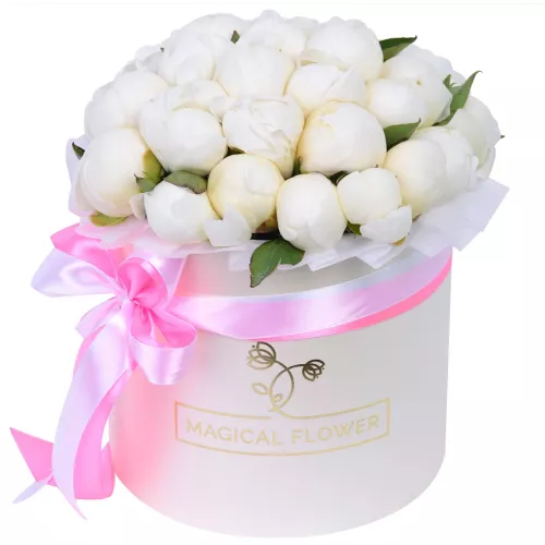 Букет цветов из 35 белых пионов в кремовой шляпной коробке