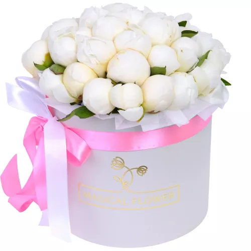 Букет цветов из 35 белых пионов в белой бархатной шляпной коробке