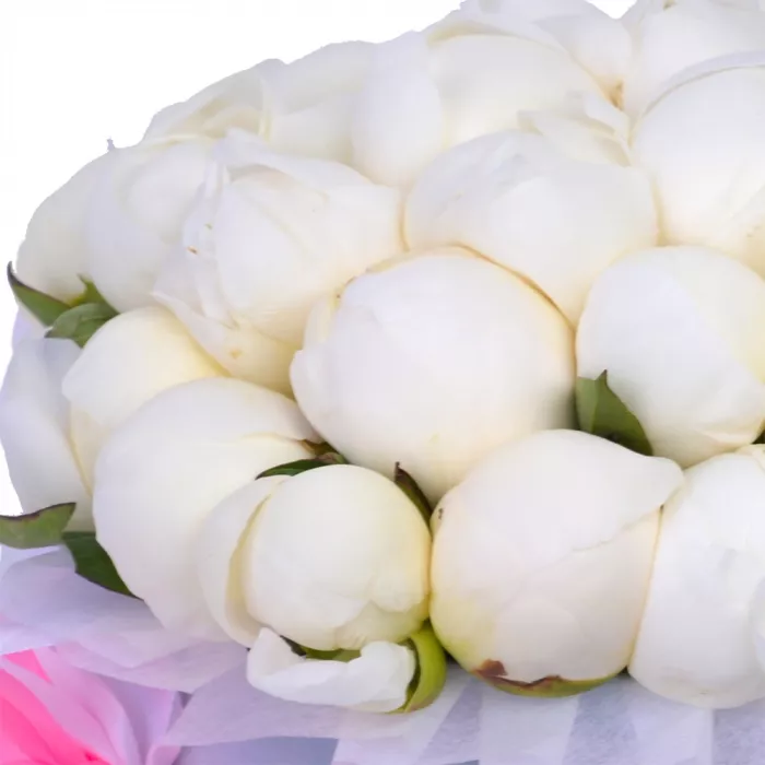 Букет из 35 белых пионов в серой бархатной шляпной коробке