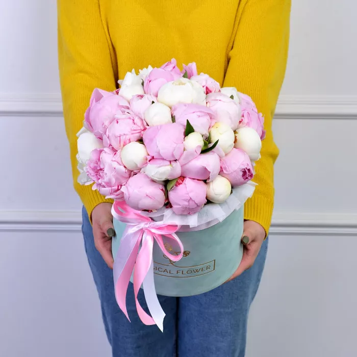 Букет из 35 разноцветных пионов в зеленой бархатной шляпной коробке