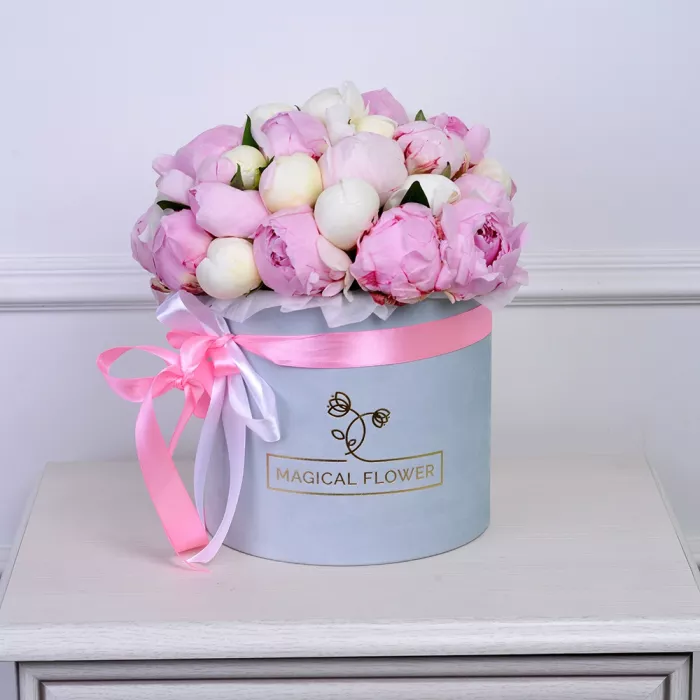 Букет из 35 разноцветных пионов в серой бархатной шляпной коробке