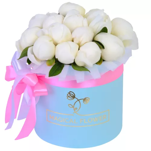 Букет из 15 белых пионов в голубой шляпной коробке