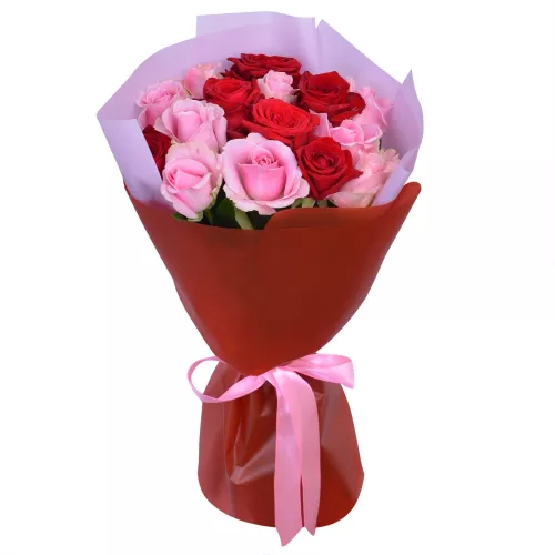 Букет из 15 красных и розовых роз Premium 40 см