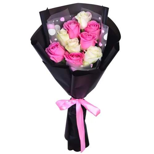 Букет из 9 белых и розовых роз premium 40 см