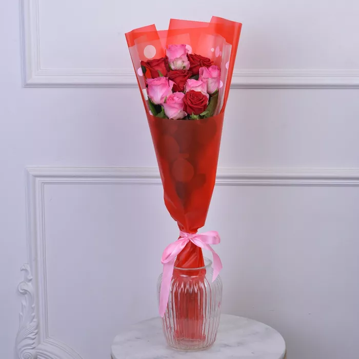 9 разноцветных роз 60 см