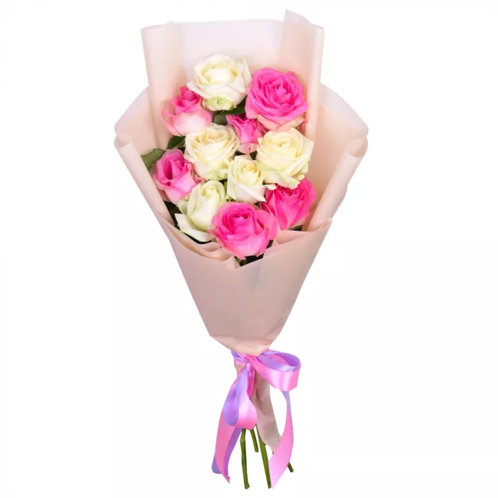 11 разноцветных роз 50 см в пленке