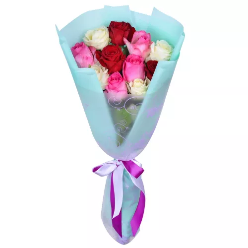11 разноцветных роз Premium 50 см в пленке