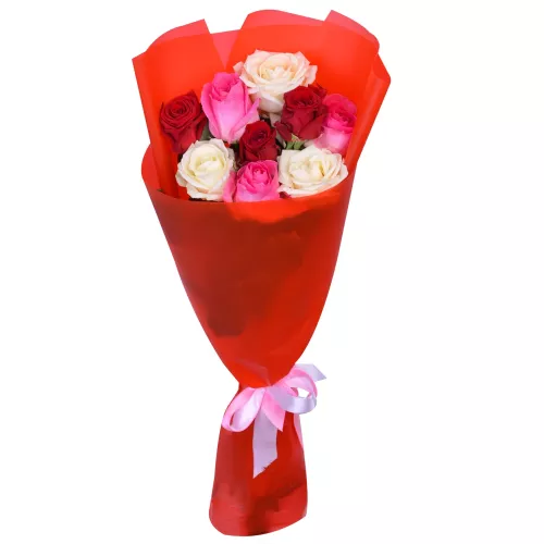 9 разноцветных роз Premium 50 см