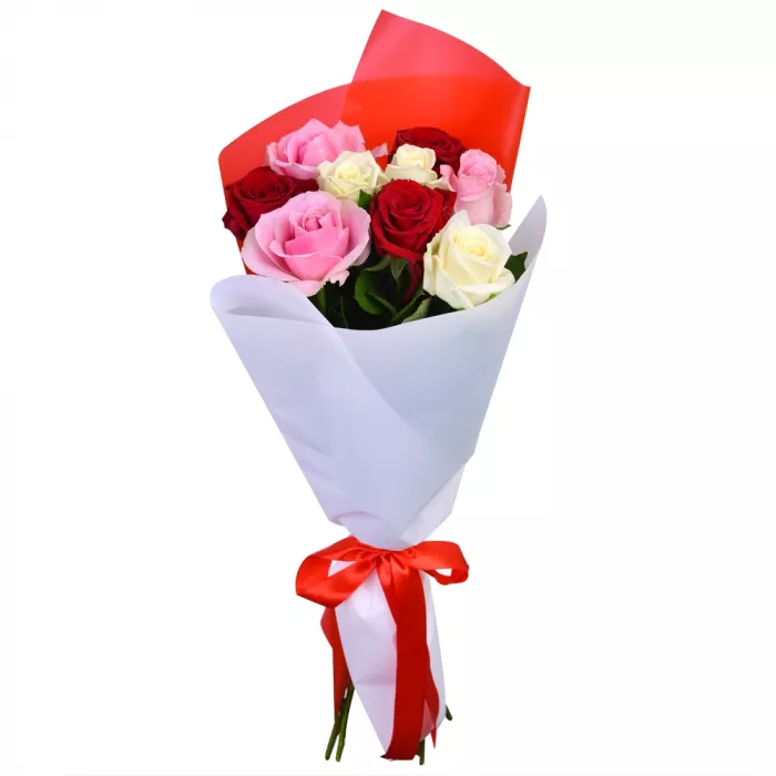 Букет из 9 разноцветных роз premium 40 см в пленке