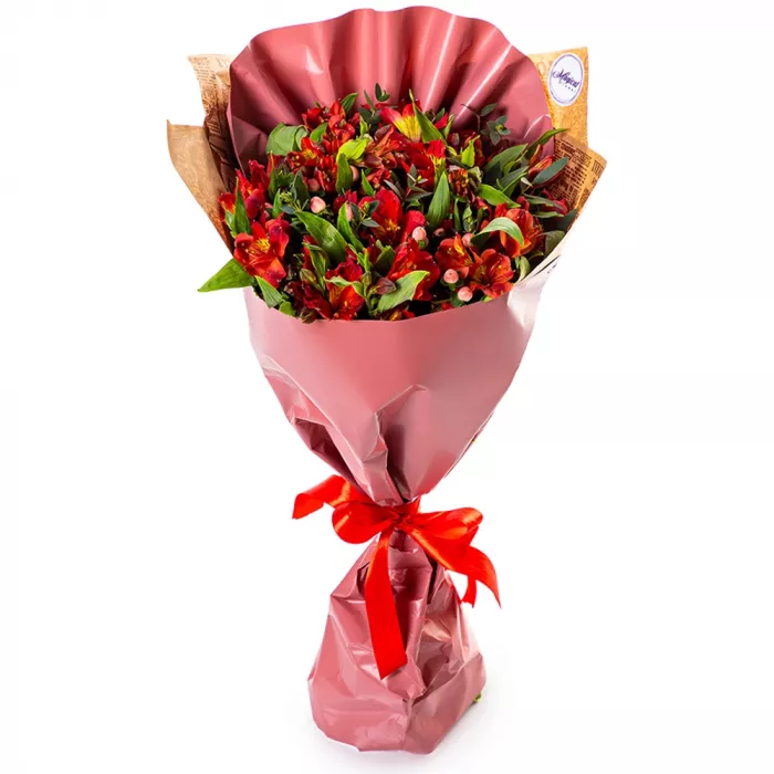 9 красных альстромерий и эвкалипта