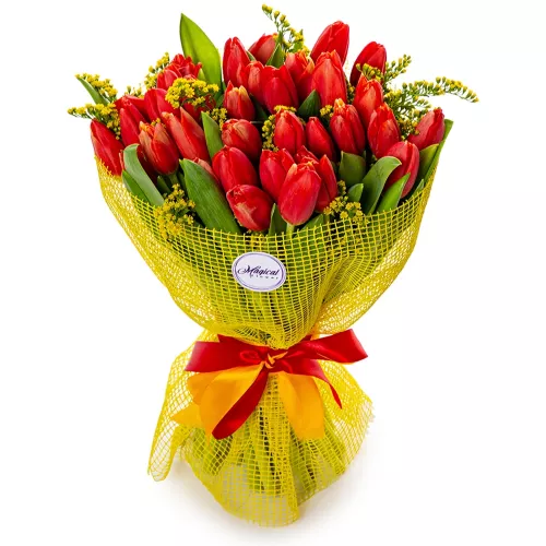 Букет на юбилей женщине из 35 красных тюльпанов