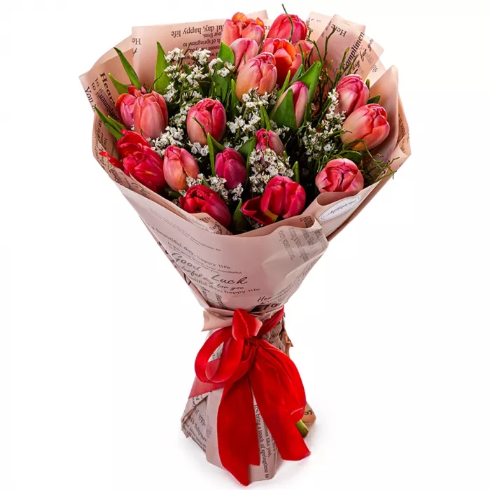 Букет из 19 розовых тюльпанов с лимониумом