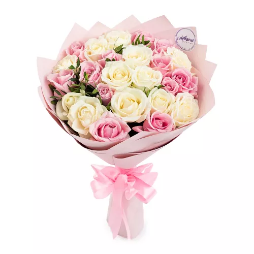 Букет из 25 разноцветных роз 50 см Воздушный пломбир