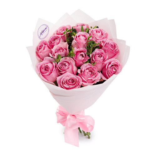 Букет из 15 розовых роз с фисташкой
